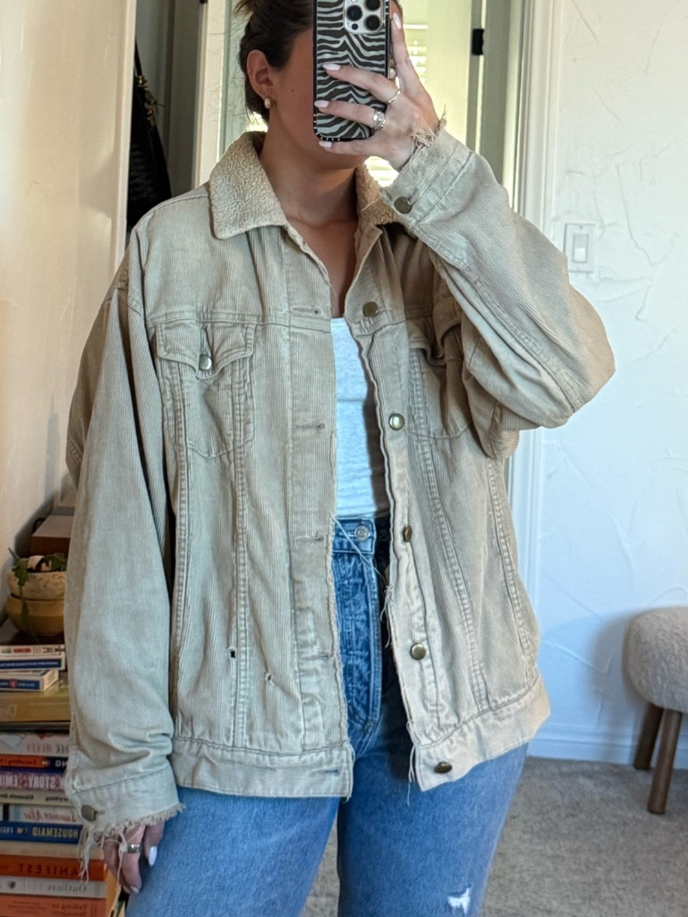 Beige Oversized Courduroy Jacket - Casual Canvas Coat